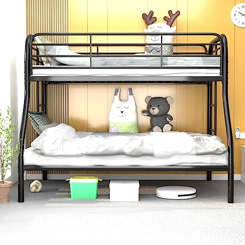 Reemoon Metal Bunk Bed, Twin Over Full Size Beds with Two Side Ladders & Safety Guard Rail, Space-Saving Design, Noise-Free, Black
