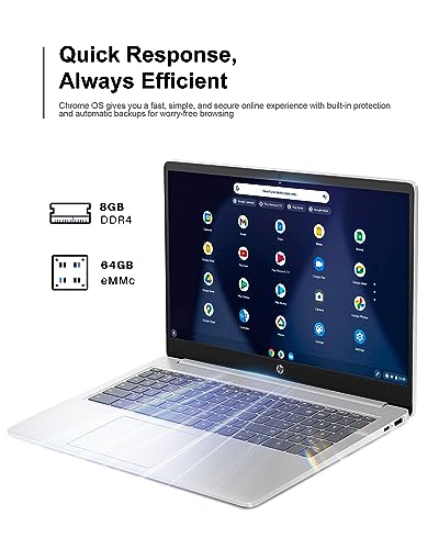 HP 15.6" Student Chromebook Laptop 2023 Newest, Quad-Core Intel Processor N200(Up to 3.7GHz), 8GB LPDDR5 RAM, 64GB eMMC, UHD Graphics, Light & Thin, Long Battery, Chrome OS