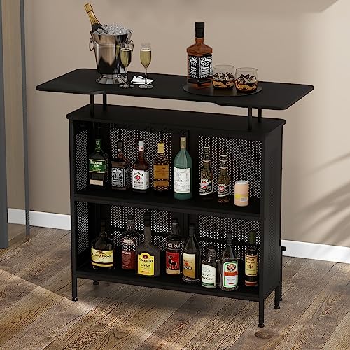 Giantex 4-Tier Home Bar Unit, Home Bar Cabinet w/ 2 Wine Storage Shelves & 6 Stemware Holders, Metal Front & Footrest, 7 Adjustable Feet, Industrial Metal Wine Bar Table for Kitchen, Pub, Black