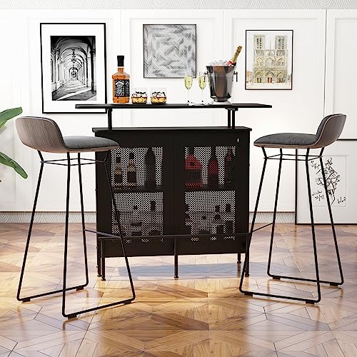 Giantex 4-Tier Home Bar Unit, Home Bar Cabinet w/ 2 Wine Storage Shelves & 6 Stemware Holders, Metal Front & Footrest, 7 Adjustable Feet, Industrial Metal Wine Bar Table for Kitchen, Pub, Black