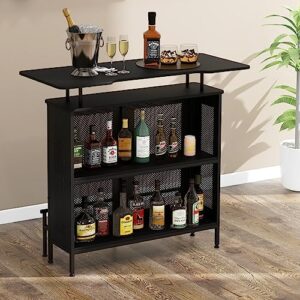 Giantex 4-Tier Home Bar Unit, Home Bar Cabinet w/ 2 Wine Storage Shelves & 6 Stemware Holders, Metal Front & Footrest, 7 Adjustable Feet, Industrial Metal Wine Bar Table for Kitchen, Pub, Black