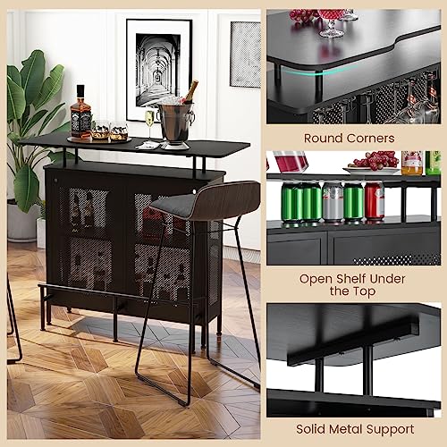 Giantex 4-Tier Home Bar Unit, Home Bar Cabinet w/ 2 Wine Storage Shelves & 6 Stemware Holders, Metal Front & Footrest, 7 Adjustable Feet, Industrial Metal Wine Bar Table for Kitchen, Pub, Black