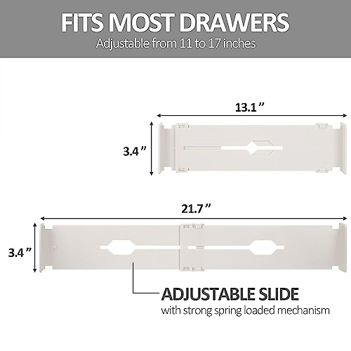 acDesign 4-Pack Drawer Dividers Organizer Expands from 12.8-21.65 Inch, Plastic Adjustable Separators for Bedroom, Bathroom, Closet, Socks, Clothing, Office, Kitchen Utensils (White)