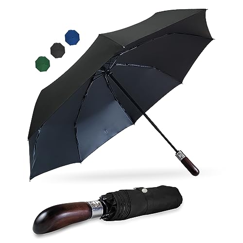 ALFROTEY Compact Travel Umbrella with Real Wood Ergonomic Handle Portable Automatic Open and Close Windproof Umbrella for Rain Small Folding Car Umbrella (Black, M)