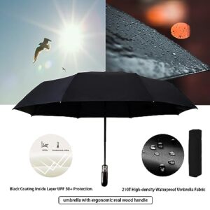 ALFROTEY Compact Travel Umbrella with Real Wood Ergonomic Handle Portable Automatic Open and Close Windproof Umbrella for Rain Small Folding Car Umbrella (Black, M)