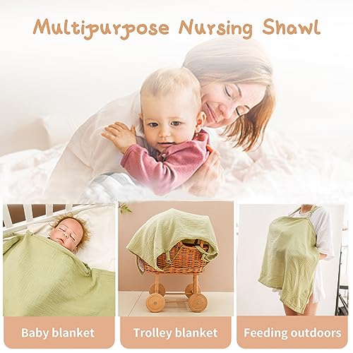 Muslin Nursing Cover for Baby Breastfeeding, Breathable 100% Soft Cotton Breastfeeding Cover with Adjustable Tie for Mother Nursing Apron, Multi-use Carseat Canopy Breastfeeding Essentials（Green）