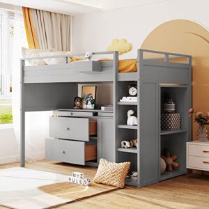 biadnbz wooden twin size loft bed with storage drawers,rolling cabinet and desk,basket for bedroom/teens,gray