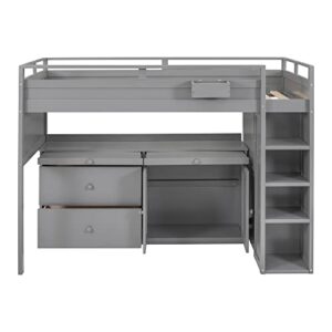 BIADNBZ Wooden Twin Size Loft Bed with Storage Drawers,Rolling Cabinet and Desk,Basket for Bedroom/Teens,Gray