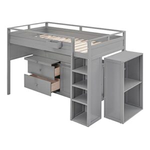 BIADNBZ Wooden Twin Size Loft Bed with Storage Drawers,Rolling Cabinet and Desk,Basket for Bedroom/Teens,Gray