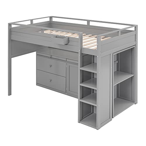 BIADNBZ Wooden Twin Size Loft Bed with Storage Drawers,Rolling Cabinet and Desk,Basket for Bedroom/Teens,Gray
