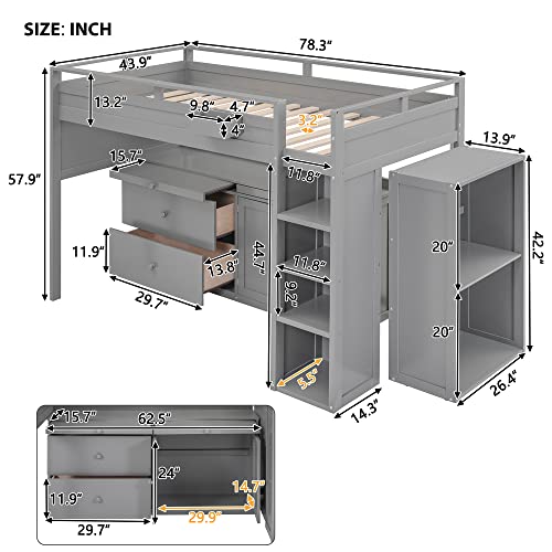 BIADNBZ Wooden Twin Size Loft Bed with Storage Drawers,Rolling Cabinet and Desk,Basket for Bedroom/Teens,Gray