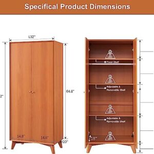 OKD Storage Cabinet w/Adjustable Shelves, 72" Tall Mid Century Modern Kitchen Pantry with Door, 20" Deep Armoire Closet w/Hanging Rod Versatile Storage for Bathroom, Laundry, or Living Room, Cherry