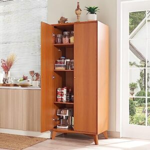 OKD Storage Cabinet w/Adjustable Shelves, 72" Tall Mid Century Modern Kitchen Pantry with Door, 20" Deep Armoire Closet w/Hanging Rod Versatile Storage for Bathroom, Laundry, or Living Room, Cherry