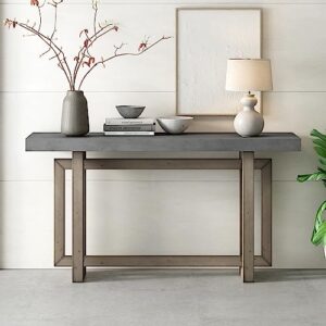 hlcodca contemporary console table with industrial-inspired concrete wood top, wood legs, extra long entryway table for entryway, hallway, living room, foyer, corridor (gray)