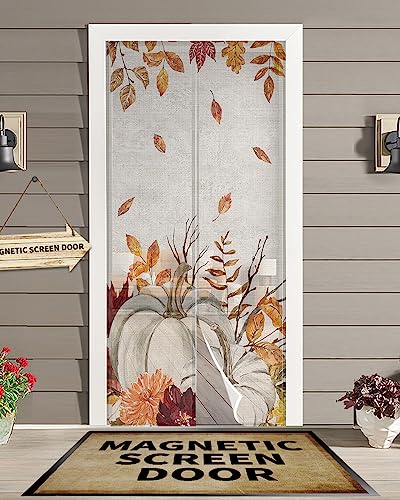 OComster Thanksgiving Magnetic Screen Door, Grey Pumpkin Orange Leaves Bulap Fall Hands Free Screen Mesh Size 38'' x 83'', Reinforce Heavy Duty Mesh Screen Doors for Patio/Front/Sliding Door