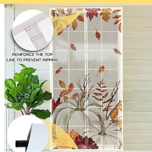 OComster Thanksgiving Magnetic Screen Door, Grey Pumpkin Orange Leaves Bulap Fall Hands Free Screen Mesh Size 38'' x 83'', Reinforce Heavy Duty Mesh Screen Doors for Patio/Front/Sliding Door