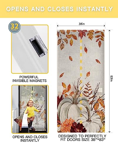 OComster Thanksgiving Magnetic Screen Door, Grey Pumpkin Orange Leaves Bulap Fall Hands Free Screen Mesh Size 38'' x 83'', Reinforce Heavy Duty Mesh Screen Doors for Patio/Front/Sliding Door