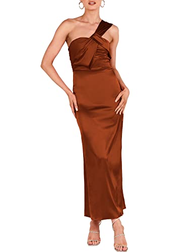 ANRABESS Women's Silk One Shoulder Wedding Guest Bodycon Dress Cocktail Evening Party Long Midi Dress A942-Xiuhong-M Rust