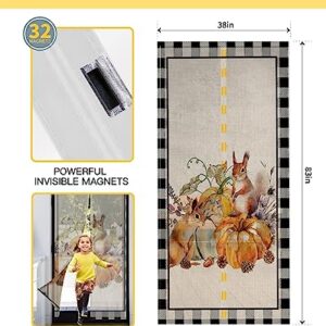 OComster Thanksgiving Magnetic Screen Door, Pumpkin Squirrel Pinecone Leaves Fall Watercolor Hands Free Screen Mesh Size 38'' x 83'', Reinforce Heavy Duty Mesh Screen Doors for Patio/Front Door