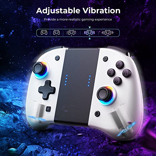 ECHTPower LED Gamepad for Switch/Switch OLED, Wireless Switch Controller, 8 Color Adjustable Light, Wake-up/Macro Button/Turbo/Vibration/Motion Functions, L/R Controllers-White