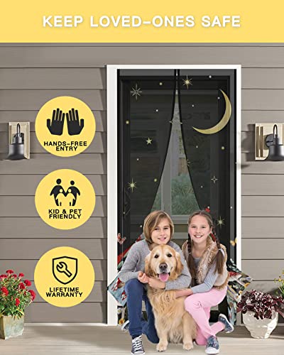 OComster Red Mushroom Black Magnetic Screen Door, Gnome Plant Flower Starry Sky Moon Hands Free Screen Mesh Size 38'' x 83'', Reinforce Heavy Duty Mesh Screen Doors for Patio/Front/Sliding Door