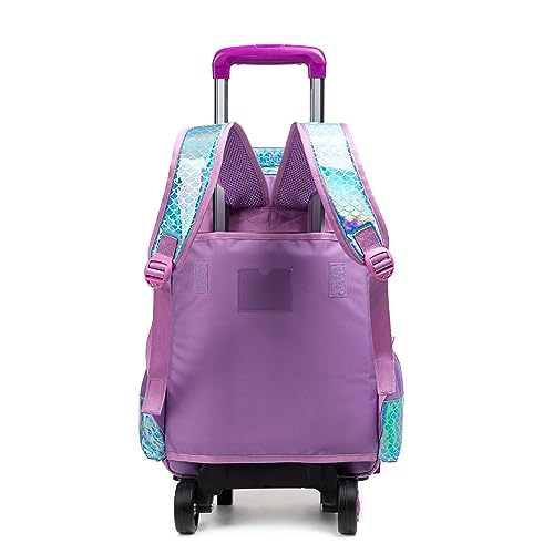 Meetbelify Girls Rolling Backpack with Wheels Kids Mermaid Luggage Travel Suitcase for Girls Elementary Student 6-8 Years Old