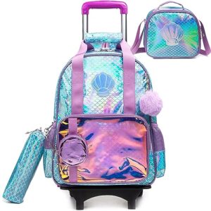 meetbelify girls rolling backpack with wheels kids mermaid luggage travel suitcase for girls elementary student 6-8 years old