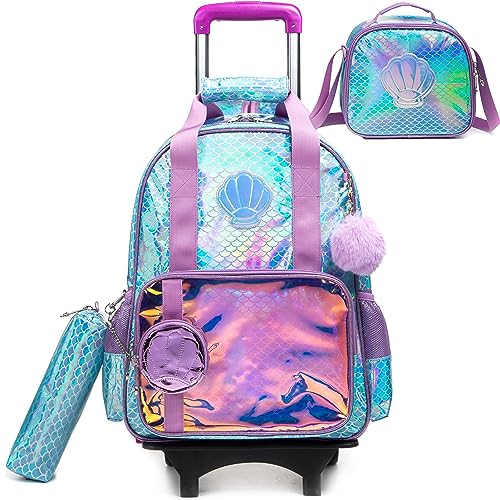 Meetbelify Girls Rolling Backpack with Wheels Kids Mermaid Luggage Travel Suitcase for Girls Elementary Student 6-8 Years Old