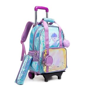 Meetbelify Girls Rolling Backpack with Wheels Kids Mermaid Luggage Travel Suitcase for Girls Elementary Student 6-8 Years Old