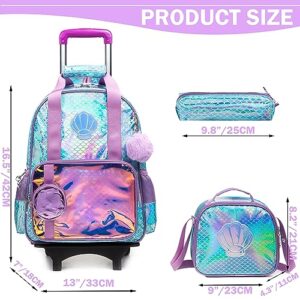 Meetbelify Girls Rolling Backpack with Wheels Kids Mermaid Luggage Travel Suitcase for Girls Elementary Student 6-8 Years Old