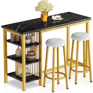 awqm home bar table set of 2 with storage shelves, 47" black faux marble dining set with upholstered leather bar height stools, 3-piece kitchen table for 2 people, space saving table (black & gold)