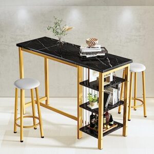AWQM Home Bar Table Set of 2 with Storage Shelves, 47" Black Faux Marble Dining Set with Upholstered Leather Bar Height Stools, 3-Piece Kitchen Table for 2 People, Space Saving Table (Black & Gold)