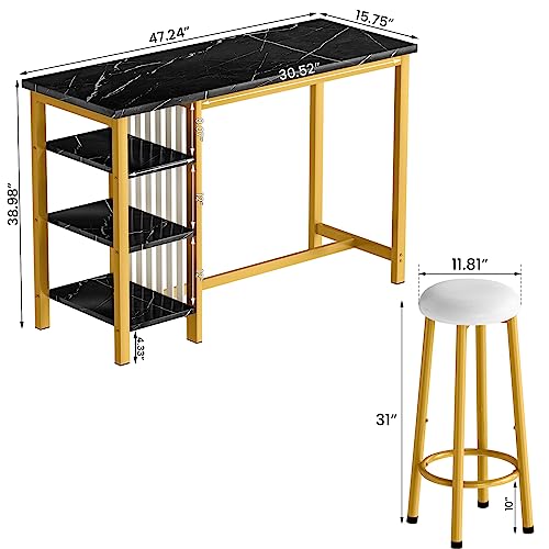 AWQM Home Bar Table Set of 2 with Storage Shelves, 47" Black Faux Marble Dining Set with Upholstered Leather Bar Height Stools, 3-Piece Kitchen Table for 2 People, Space Saving Table (Black & Gold)