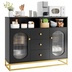 finetones sideboard buffet cabinet with storage, 47.2" large kitchen storage cabinet with 3 drawers and 2 glass doors, buffet cabinet buffet table coffee bar cabinet for kitchen, dining room, black