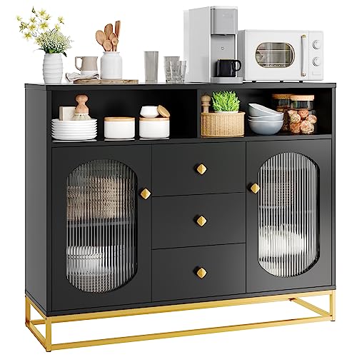 finetones Sideboard Buffet Cabinet with Storage, 47.2" Large Kitchen Storage Cabinet with 3 Drawers and 2 Glass Doors, Buffet Cabinet Buffet Table Coffee Bar Cabinet for Kitchen, Dining Room, Black