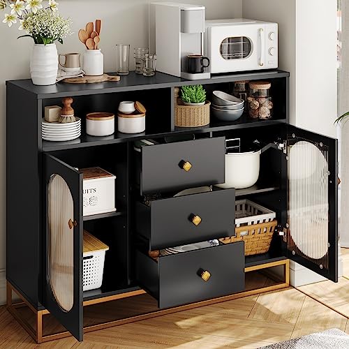 finetones Sideboard Buffet Cabinet with Storage, 47.2" Large Kitchen Storage Cabinet with 3 Drawers and 2 Glass Doors, Buffet Cabinet Buffet Table Coffee Bar Cabinet for Kitchen, Dining Room, Black