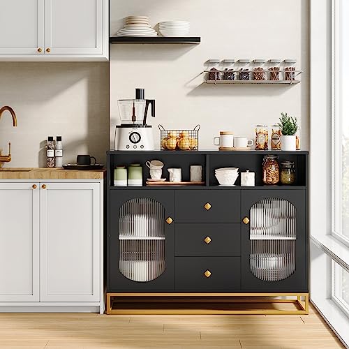 finetones Sideboard Buffet Cabinet with Storage, 47.2" Large Kitchen Storage Cabinet with 3 Drawers and 2 Glass Doors, Buffet Cabinet Buffet Table Coffee Bar Cabinet for Kitchen, Dining Room, Black