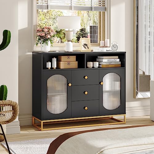 finetones Sideboard Buffet Cabinet with Storage, 47.2" Large Kitchen Storage Cabinet with 3 Drawers and 2 Glass Doors, Buffet Cabinet Buffet Table Coffee Bar Cabinet for Kitchen, Dining Room, Black