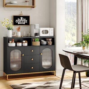 finetones Sideboard Buffet Cabinet with Storage, 47.2" Large Kitchen Storage Cabinet with 3 Drawers and 2 Glass Doors, Buffet Cabinet Buffet Table Coffee Bar Cabinet for Kitchen, Dining Room, Black