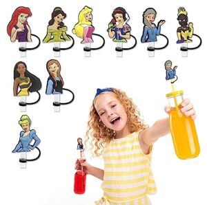 10 pcs princess reusable silcone straw cover - silicone straw cap for kids' bottles and reusable straws - bpa free - compatible with stanley & tumblers