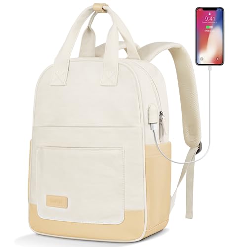 ZOMFELT Casual Travel Backpack for Women Men, Canvas Daypack Backpack for College, Lightweight Fashion Backpack with USB Charging Port, Bookbag for Student, Teacher, Nurse, Girls, Work, Beige