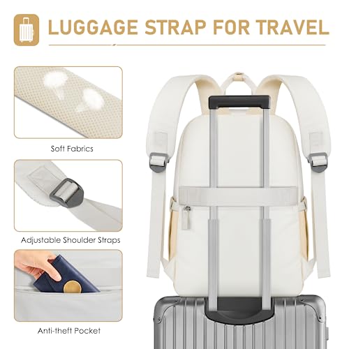ZOMFELT Casual Travel Backpack for Women Men, Canvas Daypack Backpack for College, Lightweight Fashion Backpack with USB Charging Port, Bookbag for Student, Teacher, Nurse, Girls, Work, Beige