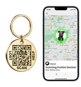 feedoo qr code pet id tag, qr code dog tracker tag, pets online id profile, scan qr receive pet gps location alert email, no app required [stainless steel gold]