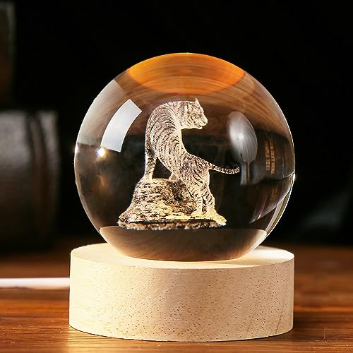 3D Tiger Crystal Ball Tiger Figurines in Crystal Ball 60mm Decor White Tiger Collectibles Snow Globes Gift Glass Sphere Home Decor with Wooden Light Base