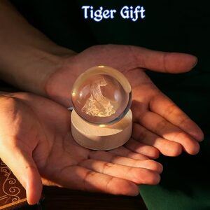 3D Tiger Crystal Ball Tiger Figurines in Crystal Ball 60mm Decor White Tiger Collectibles Snow Globes Gift Glass Sphere Home Decor with Wooden Light Base