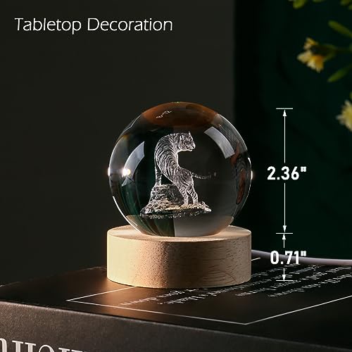 3D Tiger Crystal Ball Tiger Figurines in Crystal Ball 60mm Decor White Tiger Collectibles Snow Globes Gift Glass Sphere Home Decor with Wooden Light Base