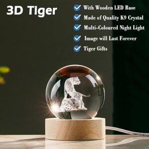 3D Tiger Crystal Ball Tiger Figurines in Crystal Ball 60mm Decor White Tiger Collectibles Snow Globes Gift Glass Sphere Home Decor with Wooden Light Base