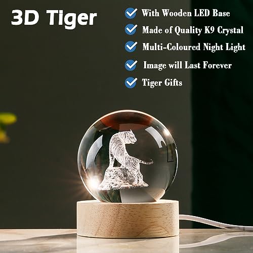 3D Tiger Crystal Ball Tiger Figurines in Crystal Ball 60mm Decor White Tiger Collectibles Snow Globes Gift Glass Sphere Home Decor with Wooden Light Base