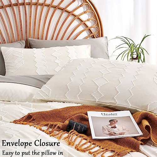 Senville White Duvet Cover Queen Size-Tufted Queen Duvet Cover Set,100% Microfiber Boho Duvet Cover,3PCS Soft and Breathable Textured Shabby Chic Bedding Set with Zipper Closure(White,Queen)