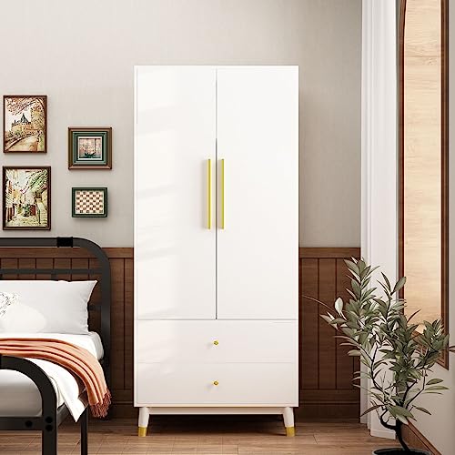 DiDuGo 2-Door Wardrobe Closet with 2 Drawers, Armoire Wardrobe Closet with Hanging Rod, Bedroom Armoire Closet with Wooden Legs, White and Gold (31.5”W x 19.1”D x 71.1”H)